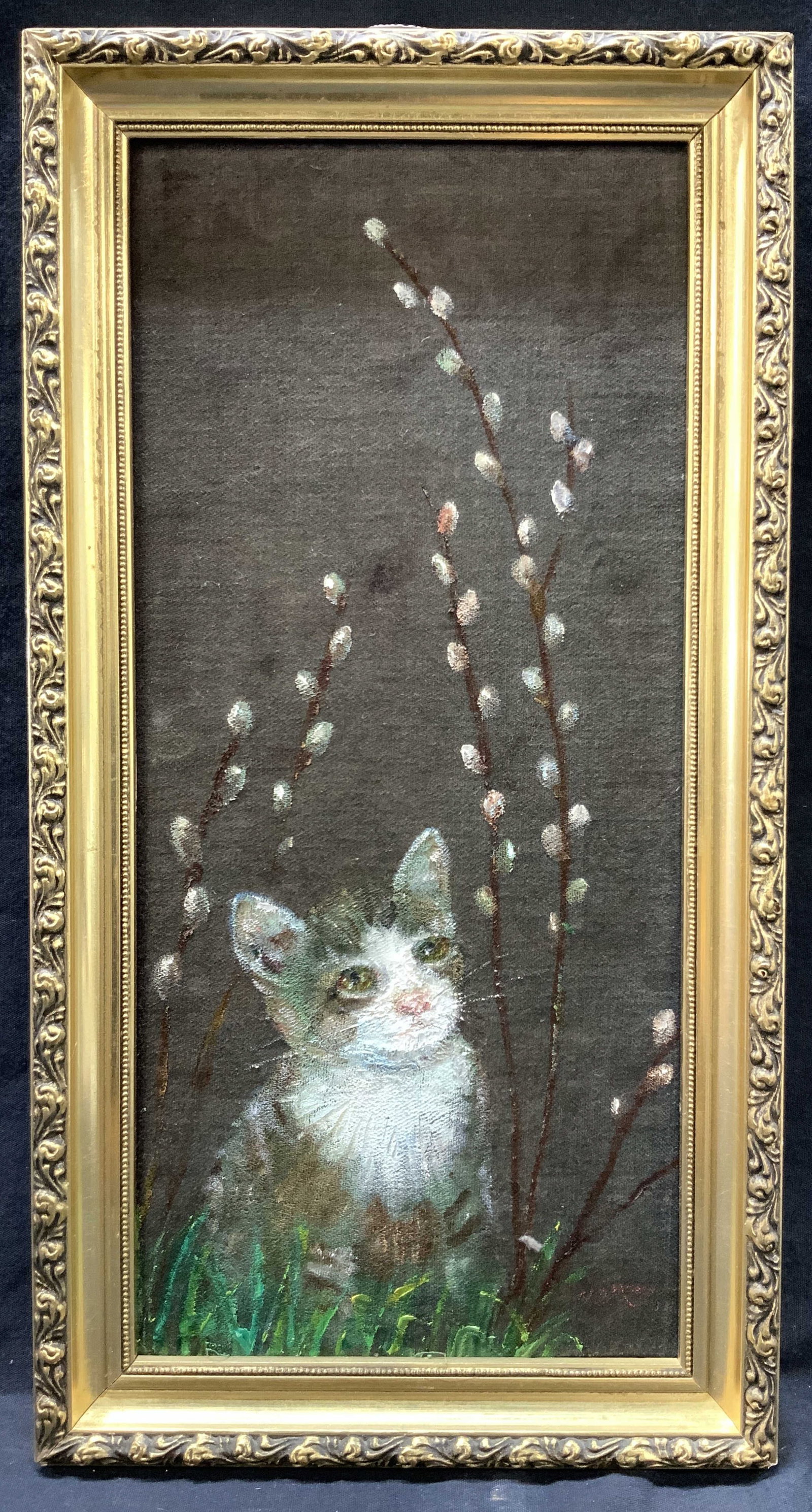 Signed Painted Cat & Flowers On Fabric (1 of 8)