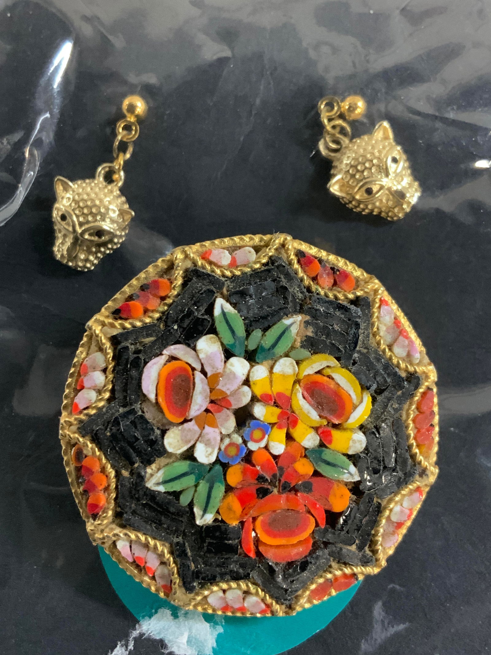 Vtg Italian Mosaic Brooch, Fashion Leopard Earr 3 (1 of 6)