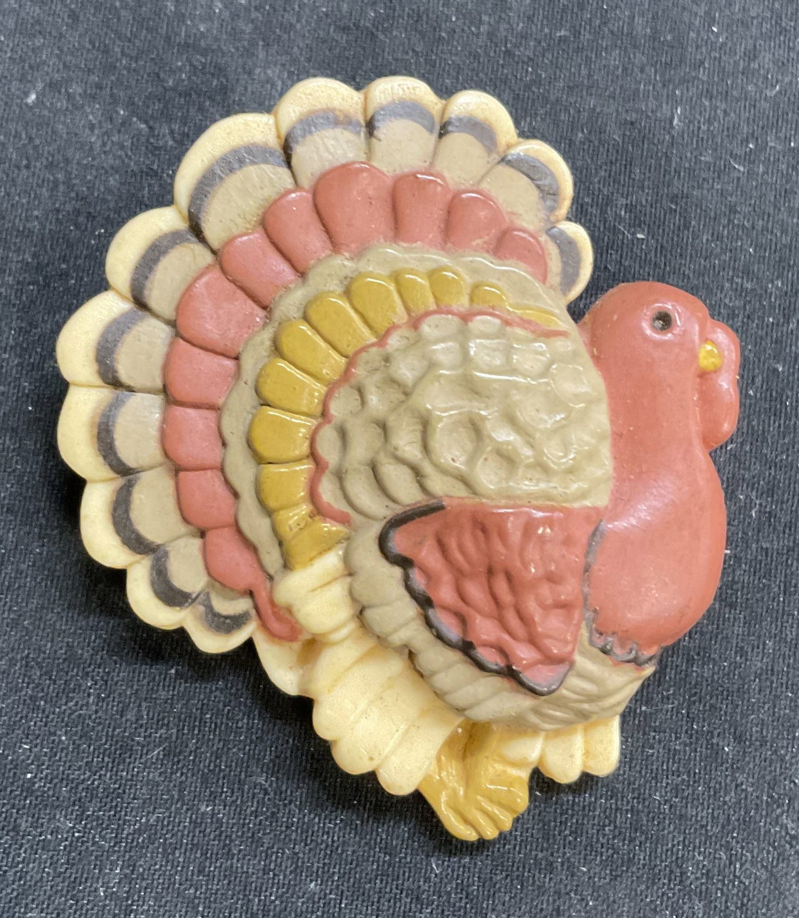 Vintage Hallmark Cards Signed Turkey Brooch: Vintage Signed Hallmark Cards Inc art deco styleTurkey Brooch. Etched plastic. Reverse signed HALLMARK CARDS INC. Hinge pin closure on reverse. 1985 written in pencil on reverse Measures approx 2L x 1