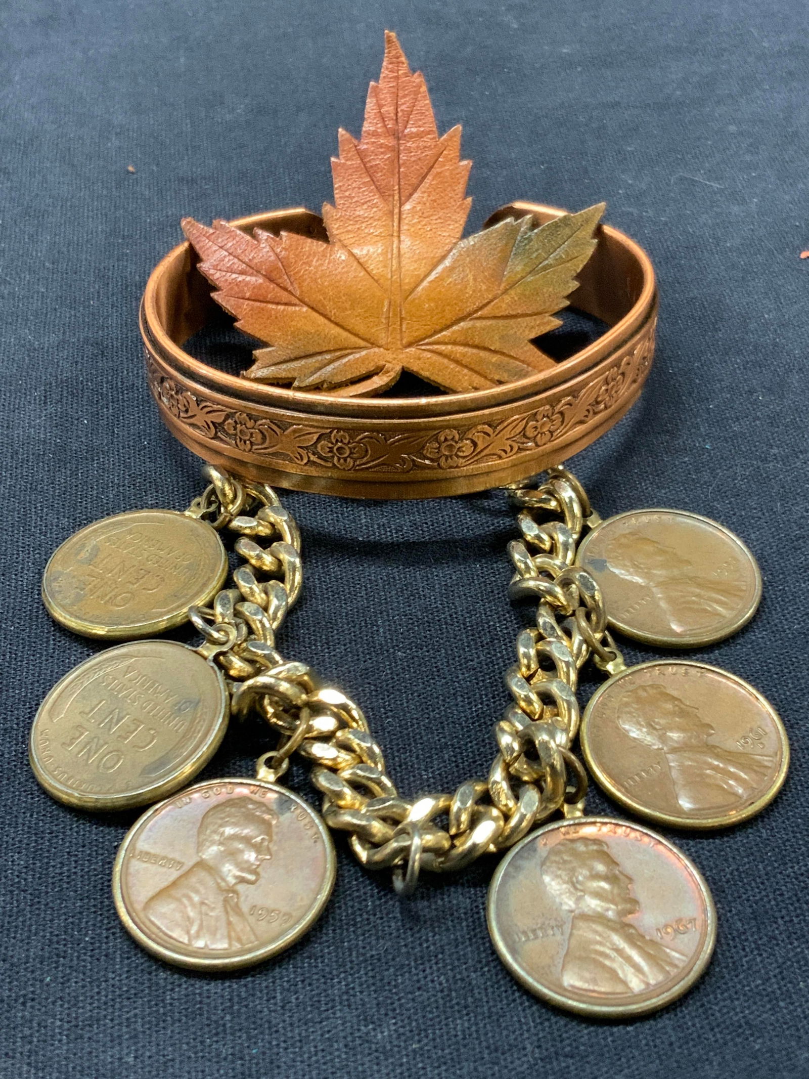 Lot 3 Leather & Copper Bracelets & Brooch (1 of 8)