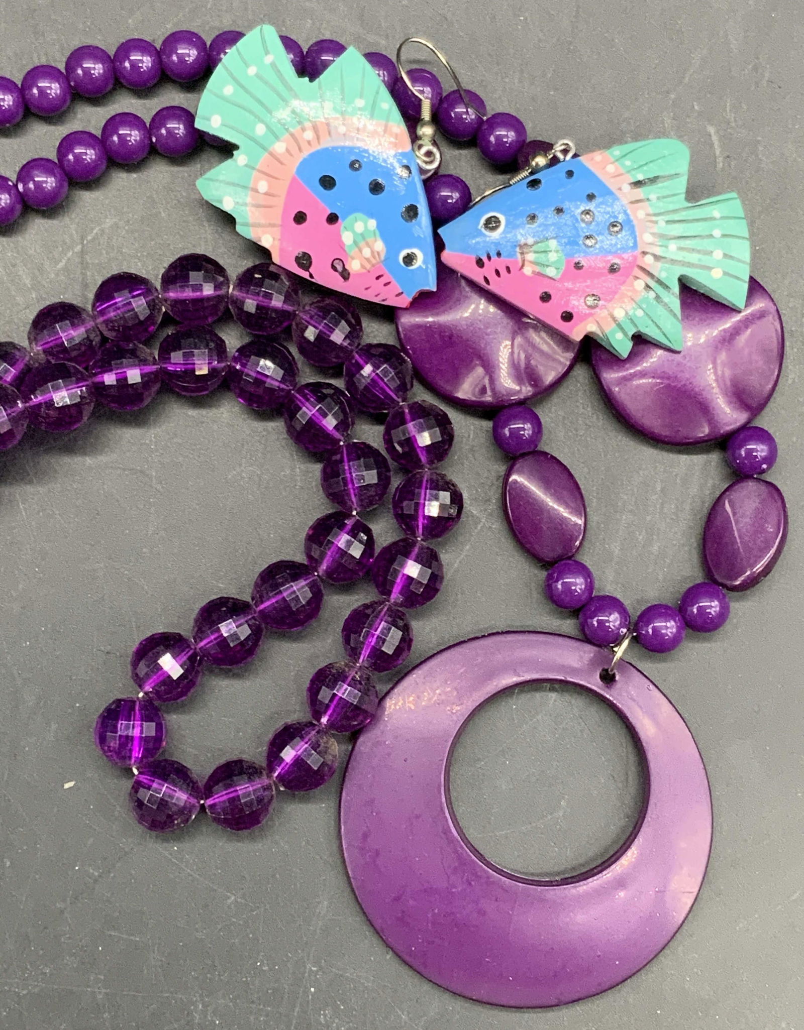 Lot 3 Purple Beaded Necklaces & Fish Earrings (1 of 10)