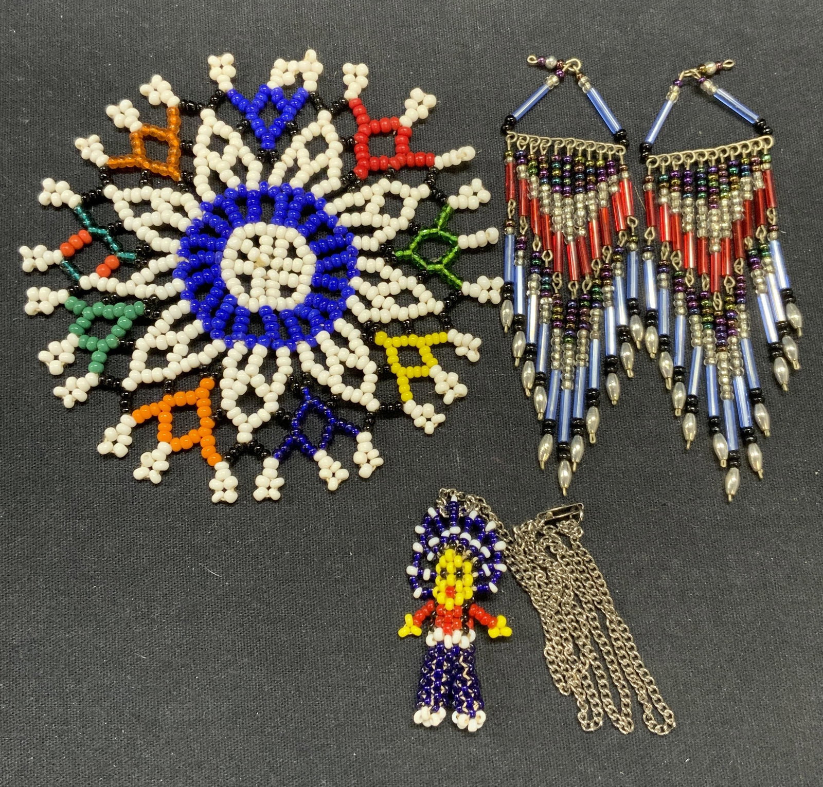 Lot 3 Beaded Figural Pendant Necklace, More: Beaded figural pendant necklace. Drop length approx. 8.5 inches. Pendant measures approx. 1.75 x 1 inches. 3 beaded jewelry making pendants. 2 matching pieces, measure approx. 4.5 x 1.25 inches each. 