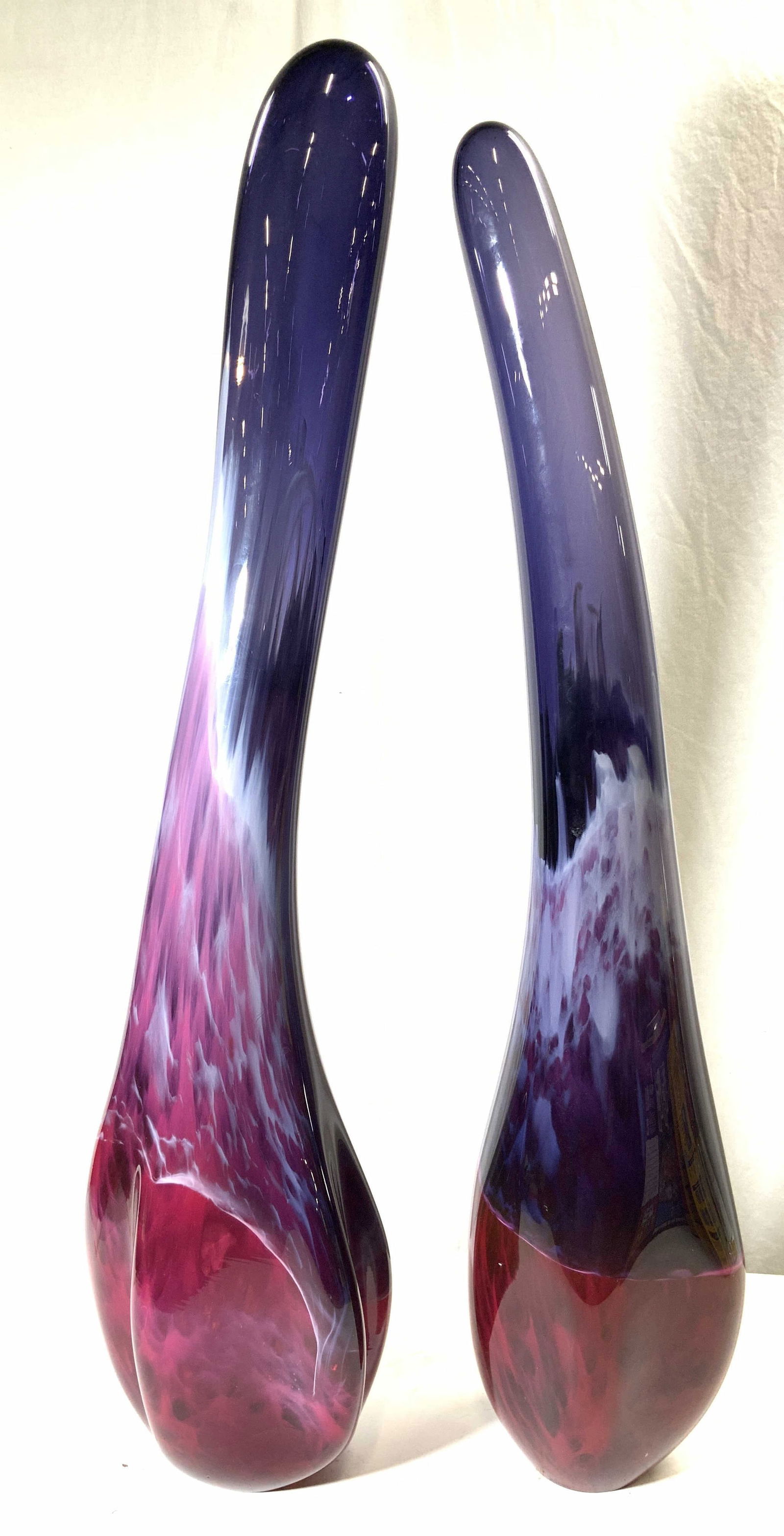 TIM CHILINA Signd Near Pr Art Glass Sculptures 3FT: Statement decor, large art glass sculptures. Each piece is signed TIM CHILINA dated 2000 Lot includes 2 Art glass sculptures, decorative objects with tones of violet, plum, magenta, & red. Each piece