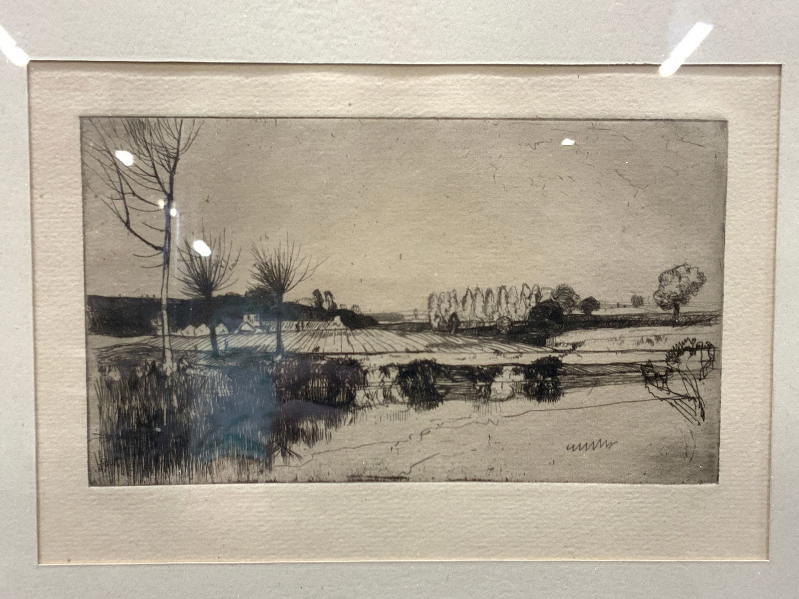 DY Cameron Antique Landscape Block Etching: Initials in etching, DYC. Label on reverse from framing shop, appears to read The Lea near Ryehouse by DY Cameron Proof. Circa 1902. Appears to be artist Sire David Young Cameron (1865-1945)Block etch