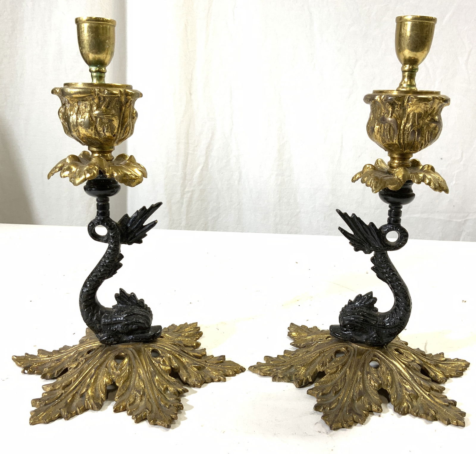 Antq Pr Italian Gilt Bronze Fish Candlesticks (1 of 7)