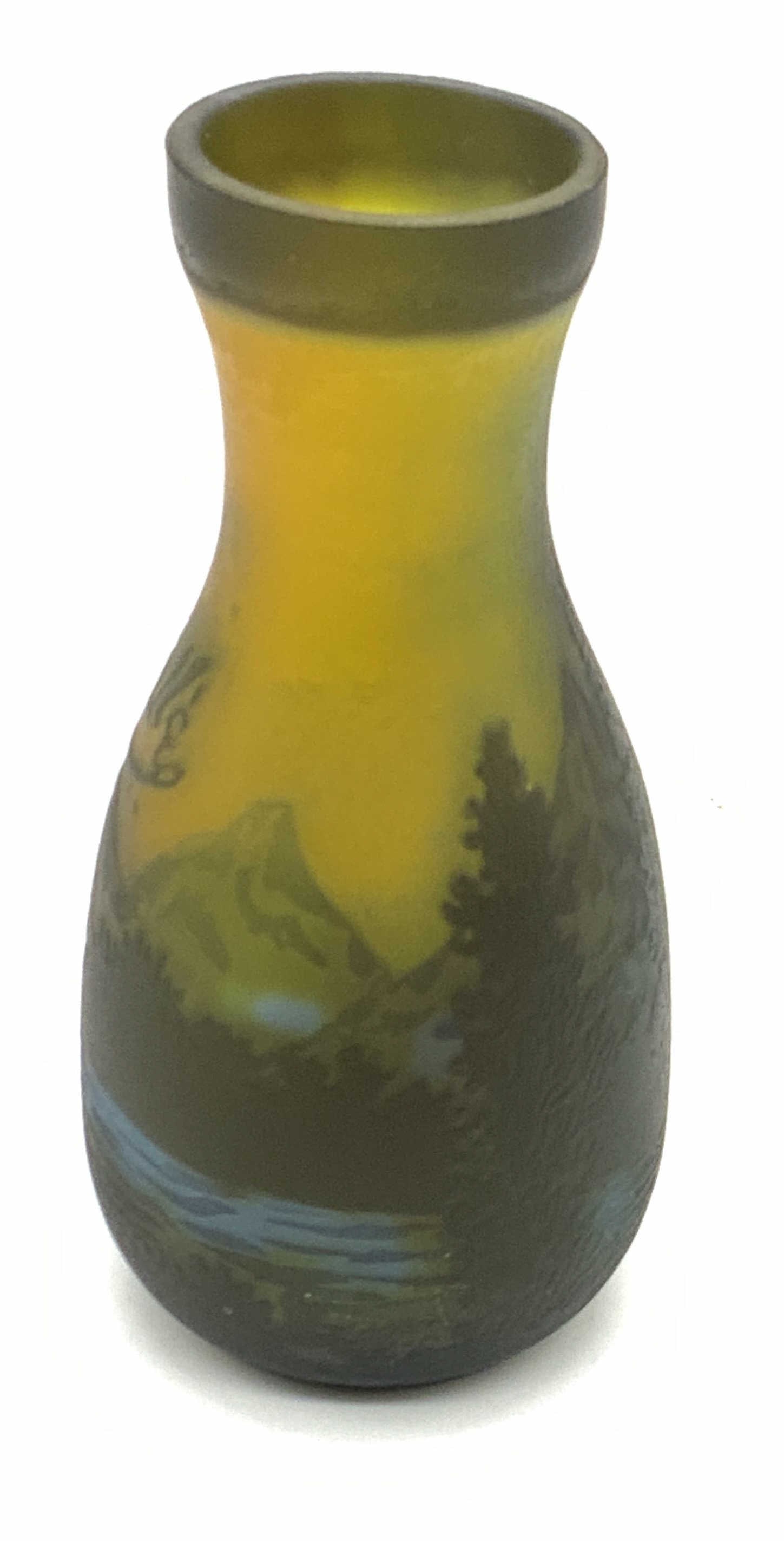 Galle Tip Landscape Cameo Glass Vase, Repro: Galle Tip cameo glass vase with landscape motif in green and blue. Reproduction. Some surface wear including scratching consistent with exposure. Thick walled glass. Measures approx. 2.25 x 5 inches.