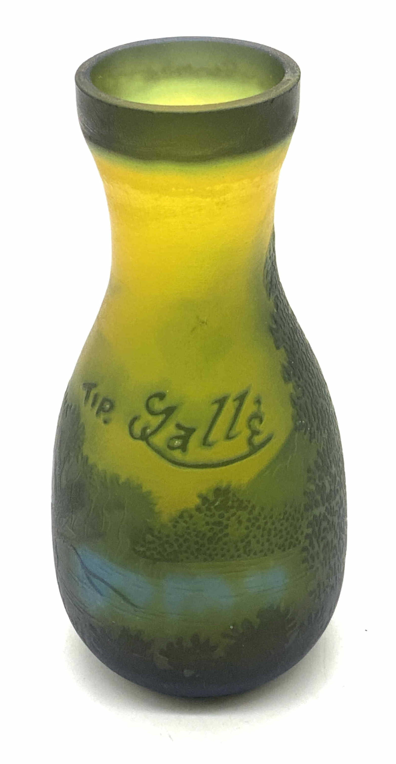 Galle Tip Cameo Glass Landscape Vase, Repro: Galle Tip cameo glass vase with landscape motif in green and blue. Reproduction. Some surface wear including scratching consistent with exposure. Thick walled glass. Measures approx. 2.25 x 5 inches.