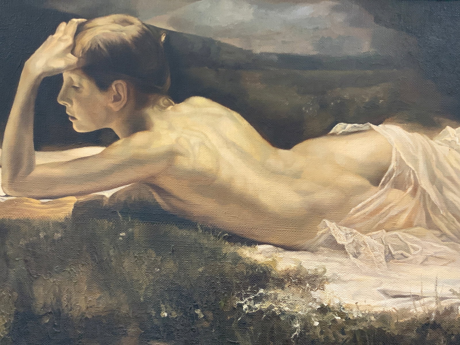 SIGNED AS Vasnetsov Androgynous Figure Pntg 1881: Signed on backside stretcher in Cyrillic and dated 1881. Right lower corner of painting Signed As, possibly attributed to V.Vasnetsov in Cyrillic. Depicts a nude androgynous figure reclining on stomac