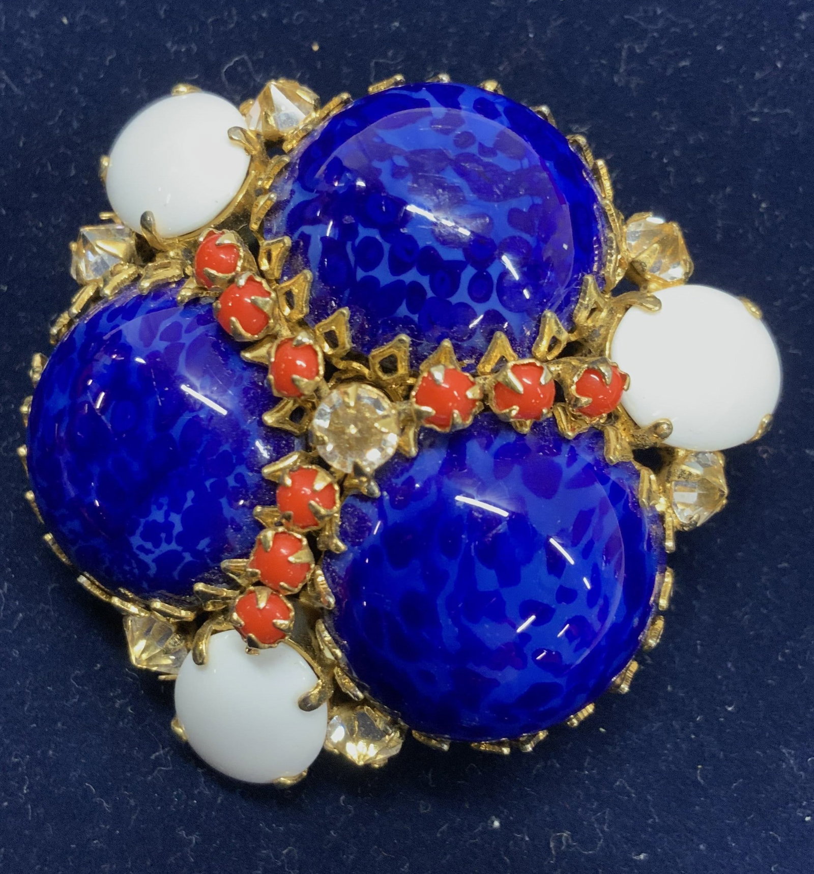 SCHREINER Glass Brooch/ Pendant , Signed: Signed Schreiner New York art glass brooch and pendant in one.Oval white glass and round blue glass with center crystal and crystals that flank the white oval glass. 2 x 2 in. Set in contracting gold