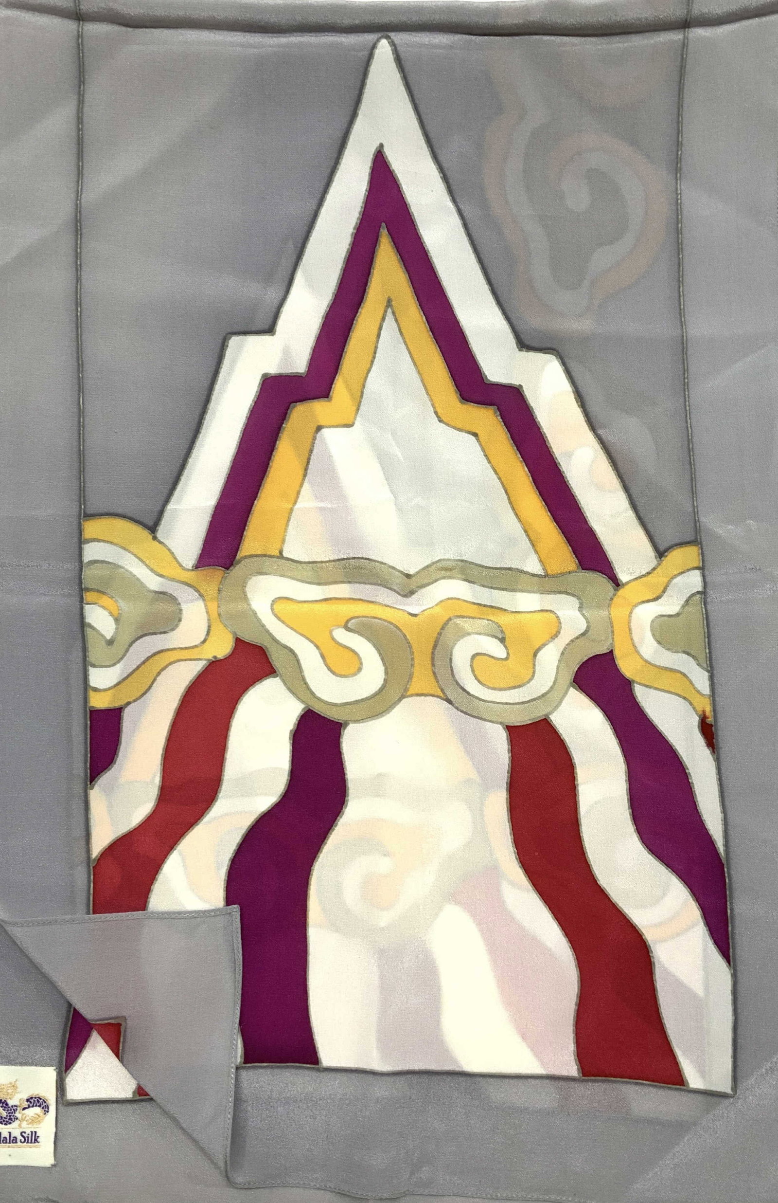 Mandala Silk Hand Painted Silk Scarf, Org Pkg: Long rectangular Asian lei-wen thunder cloud Asian print silk scarf. Labeled Mandala Silk . Grey with Asian thunder cloud motif in gold, bronze and white color palette with fuchsia, pink and white ray