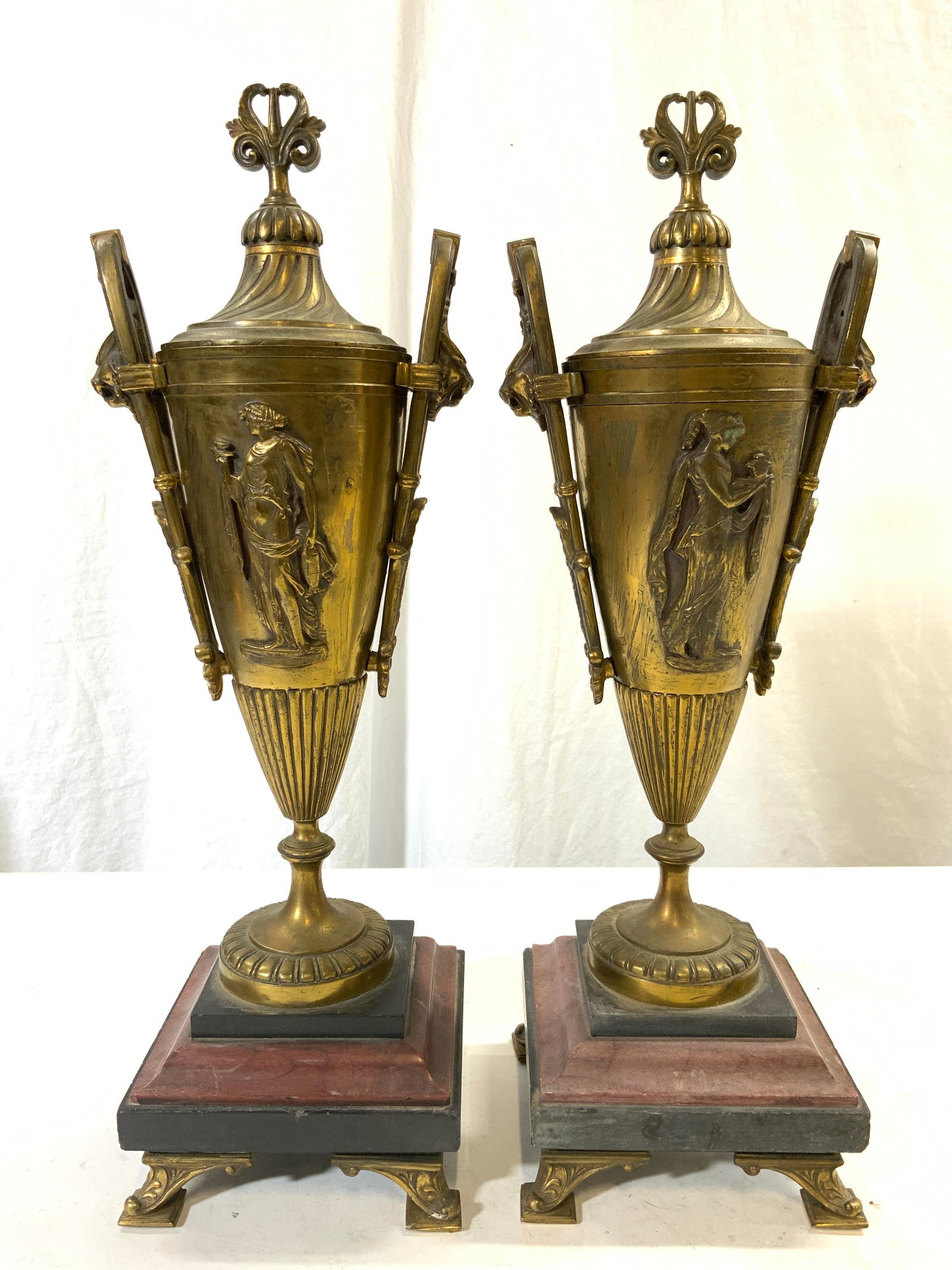 Pr Vntg Neoclassical Footed & Lidded Brass Urns (1 of 10)
