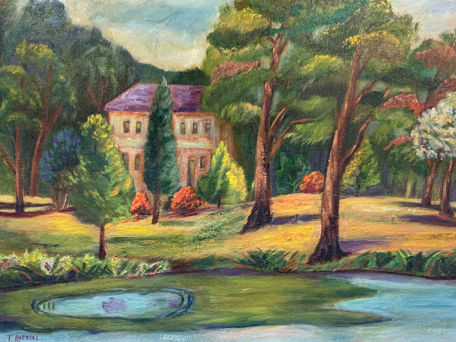 T.Robbins Signed Lake Landscape Oil Painting: Signed in lower left corner , possibly reads T. Robbins Subject depicts a house in the distance within a forest landscape Framed in tan toned wooden frame. Approximately 20 x 24.5 inches window measur