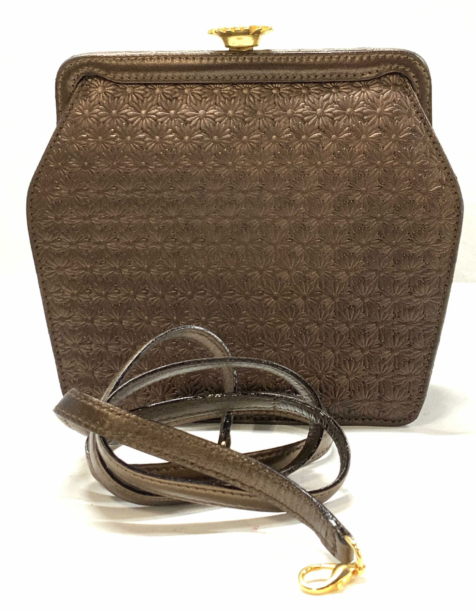 ESCADA Leather Clutch/ Crossbody Evening Bag ITALY: Embossed bronze leather bag with Reticulated sunflower motif. And gold tone sunflower clasp. Functions as a cross body bag or clutch. Bag measures6.5 x 7.25 in. Ht x W. Interior yellow ( possibly silk