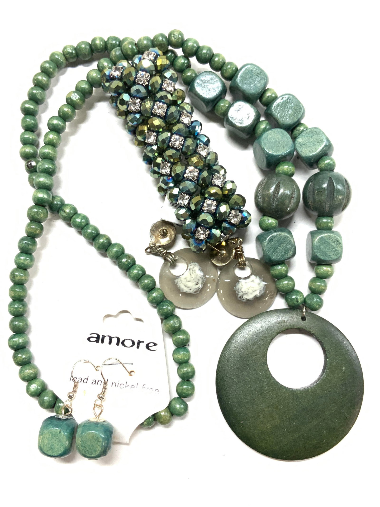 6 Amore Wood Neckl/Earrings, Nicole AB Bracel, NIP: 4 items are new with tags. Green wood Jewelry set 3, pendant necklace with dangle earrings by designer Amore, lead and nickel free fish hooks. Earrings dangle 1.5 in. Other pair of earrings are resin,