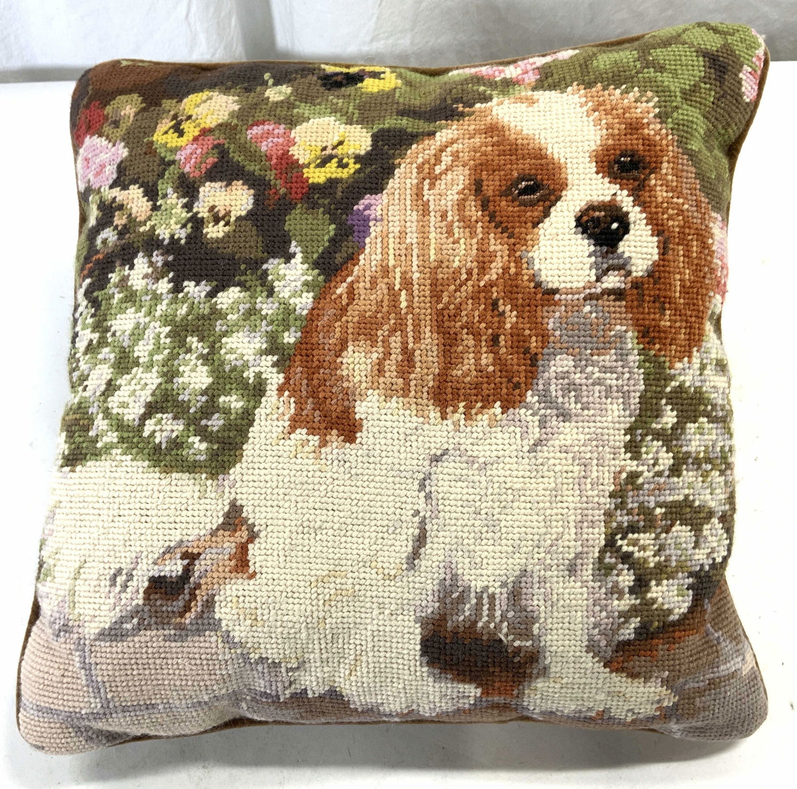 Vintage Needlepoint Pillow W Dog & Floral Detail (1 of 6)