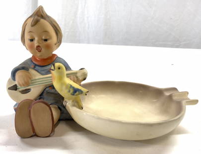 HUMMEL JOYFUL 33 GOEBEL Porcelain Figure GERMANY: Underside is marked GOEBEL W GERMANY, inscribed 33. Piece is vintage & porcelain. Depicts a female child figure playing stringed instrument alongside singing bird. Right side of piece has vessel/ trin