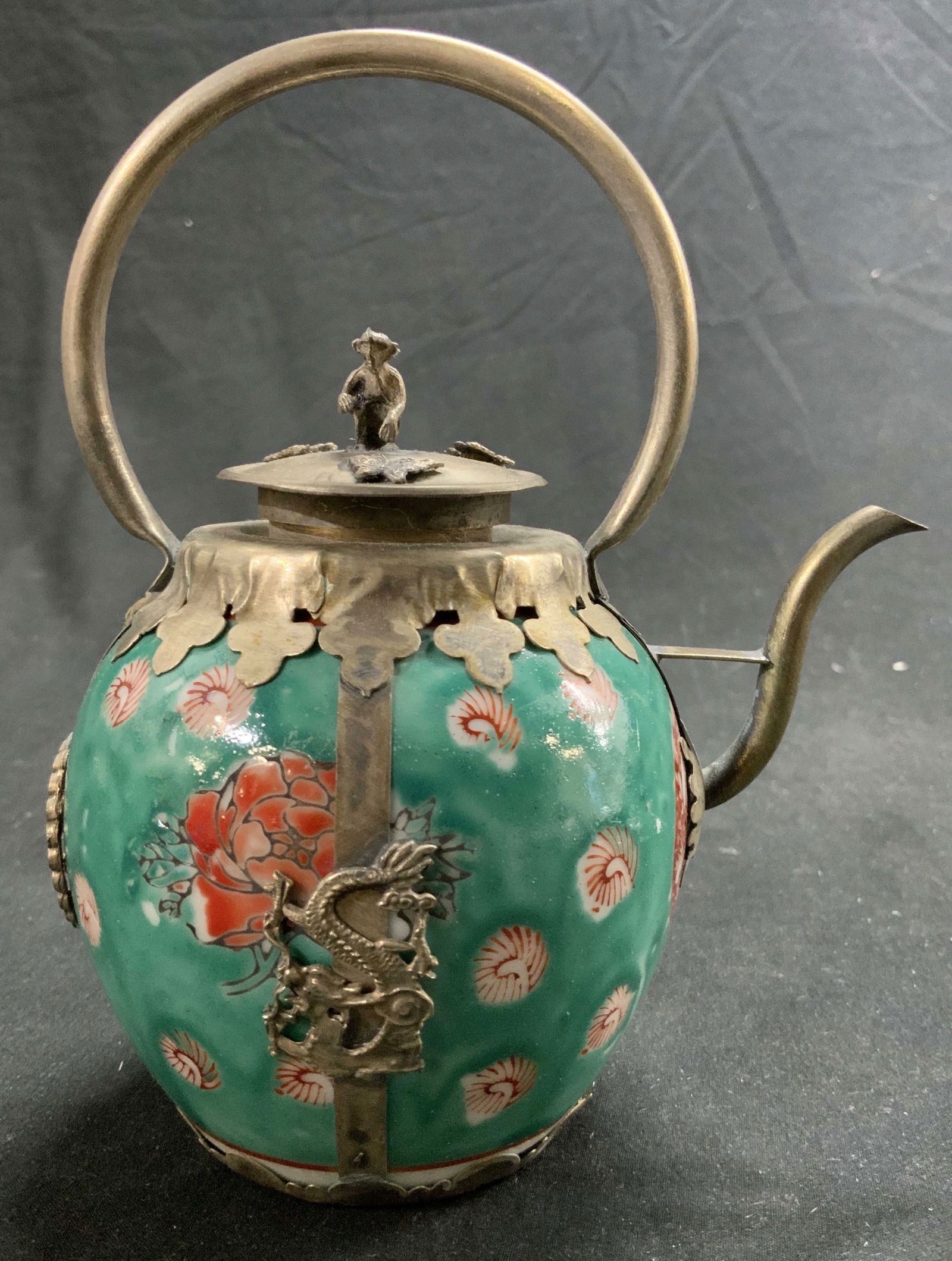 Vntg Asian Porcelain Teapot W Metal Overlay & Lid (1 of 7)