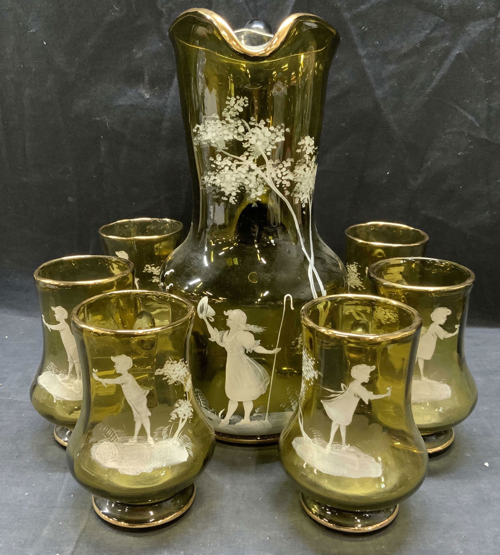 Set 7 Hand Painted Art Glass Pitcher & Glasses (1 of 8)