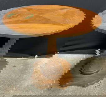 HENREDON Vntg Circular Wood Pedestal Accent Table: Underside reads HENREDON TOWN & COUNTRY. Table is vintage and wooden. Piece has circular shaped top & pedestaled base. Table measures approx 24 inches tall 28 inches diameter. Table accent, table, cir