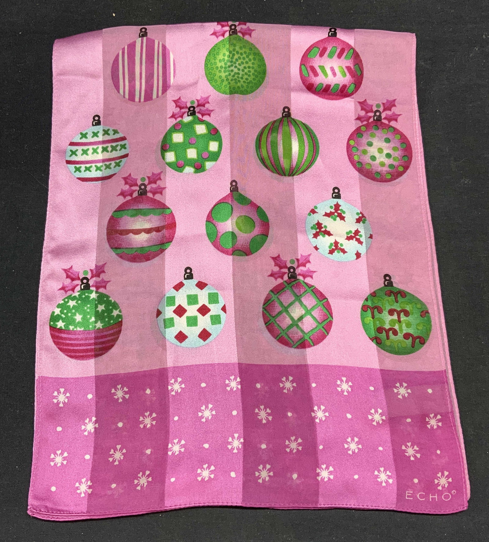 ECHO Pink Christmas Ornament Scarf: Echo pink scarf with Christmas ornament pattern. Designer label on tag, 100% polyester. Some wear to material consistent with exposure. Measures approx. 57.5 inches long. Echo, echo scarf, pink scarf,