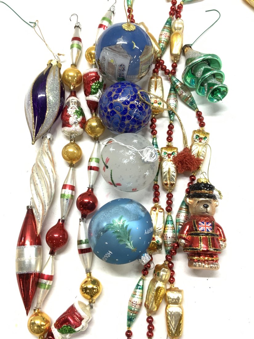 Vintage Glass Christmas Tree Ornaments/Garland 11: Vintage Glass Christmas Tree ornaments and glass garland. Hand painted polar bear ornament, Paddington Bear Ornament, metallic glass ornaments and 2 metallic glass garland strands, one with owls , the