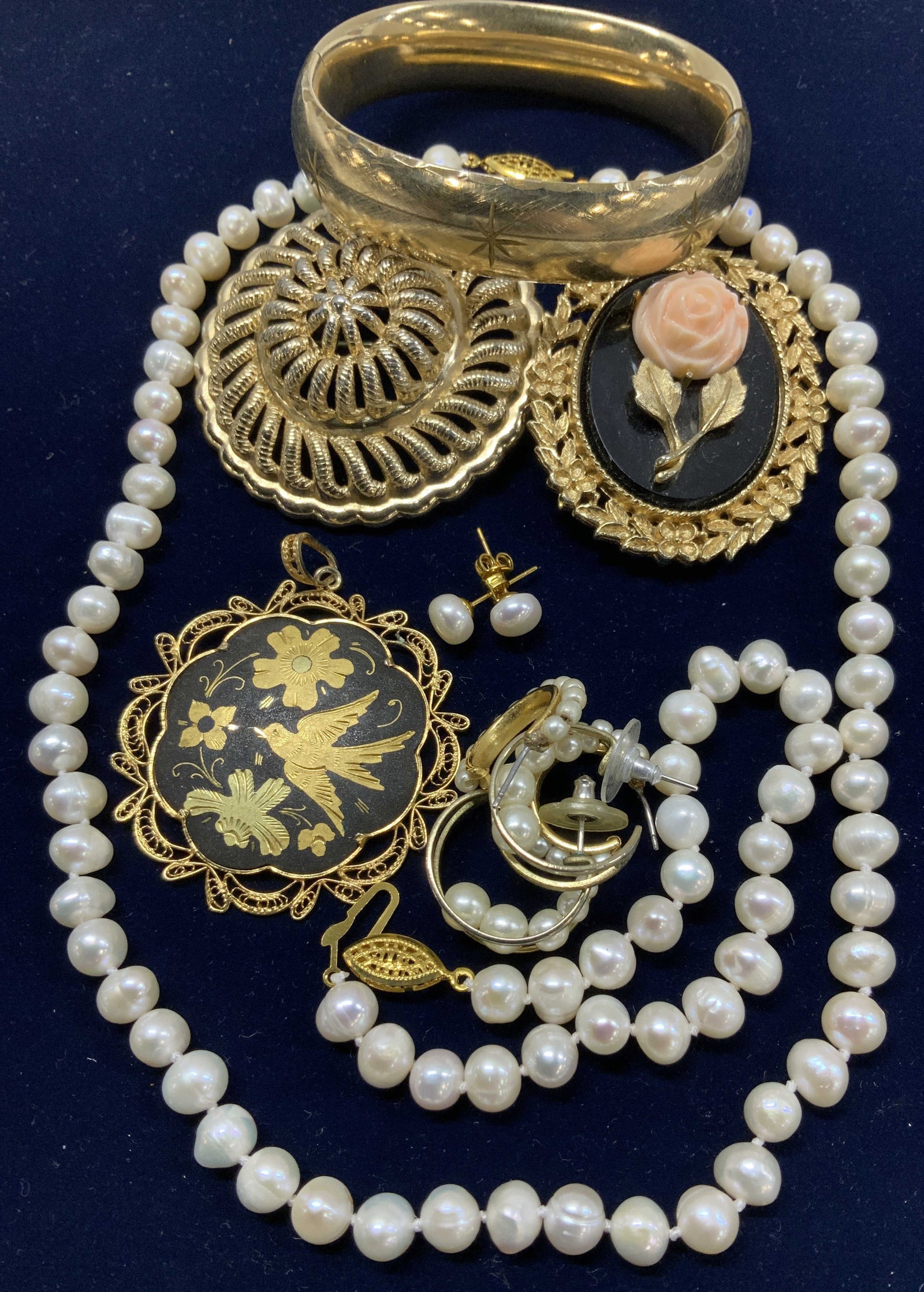Monet Brooch, Cultured Pearl Jewelry, more 13: Matching cultured pearl bracelet and choker necklace, lustrous white pearls that has a touch or blush luster. Bracelet measures 7.5 in. Necklace measures 17 in. L, Approx 6.5-7 in. drop. All pearls ar