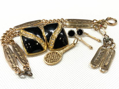 Lot 4 Chr.Dior Earrings 14k Gold Charms, & More: Lot of 4 pieces of jewelry 1 copper made bracelet approximately 7 inches long. Pair of clip on earrings, marked Christian Dior with black enamel and faceted crystals. Approximately 1 inch long. 1 pair