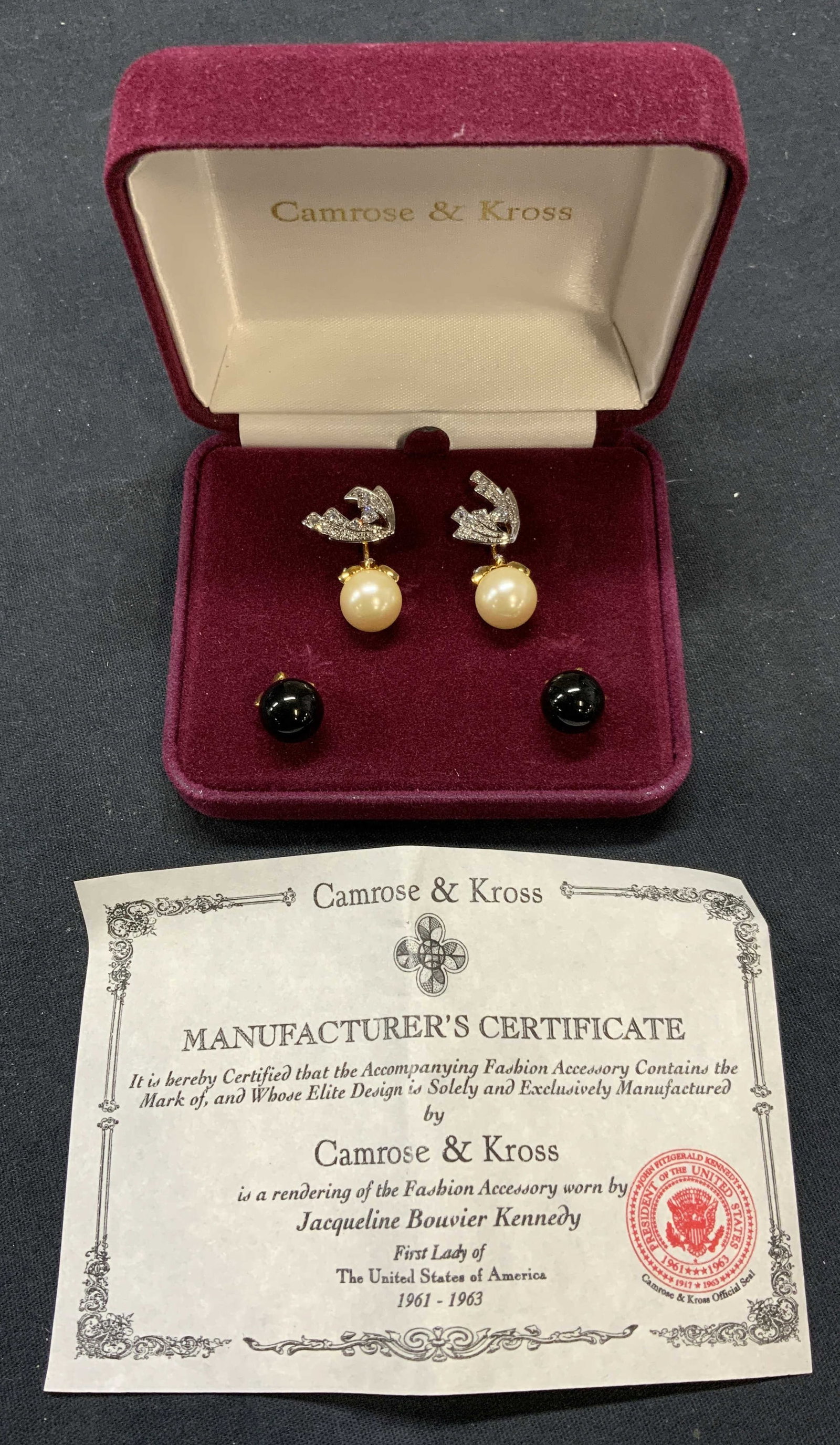 JBK Jacqueline Kennedy Faux Pearl Earrings w Box: JBK Jacqueline Kennedy Camrose and Kross 24k gold plated and faux pearl and Swarovski crystal earrings. Measure approx. 1.25 x .75 inches. Faux pearls measure approx. .5 inches. Includes black glass c