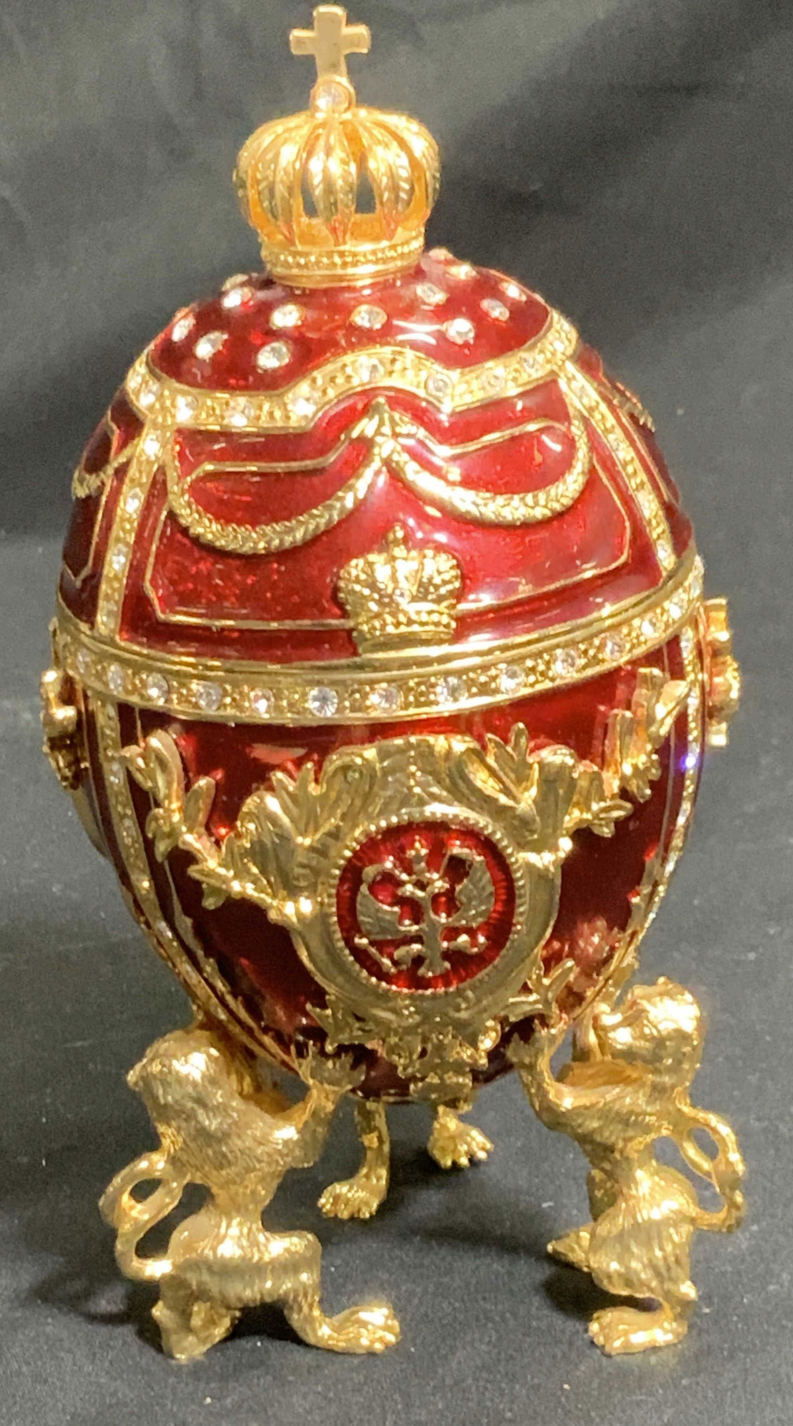 Faberge Style Red Enamel Royal Egg Box w Lions (1 of 8)