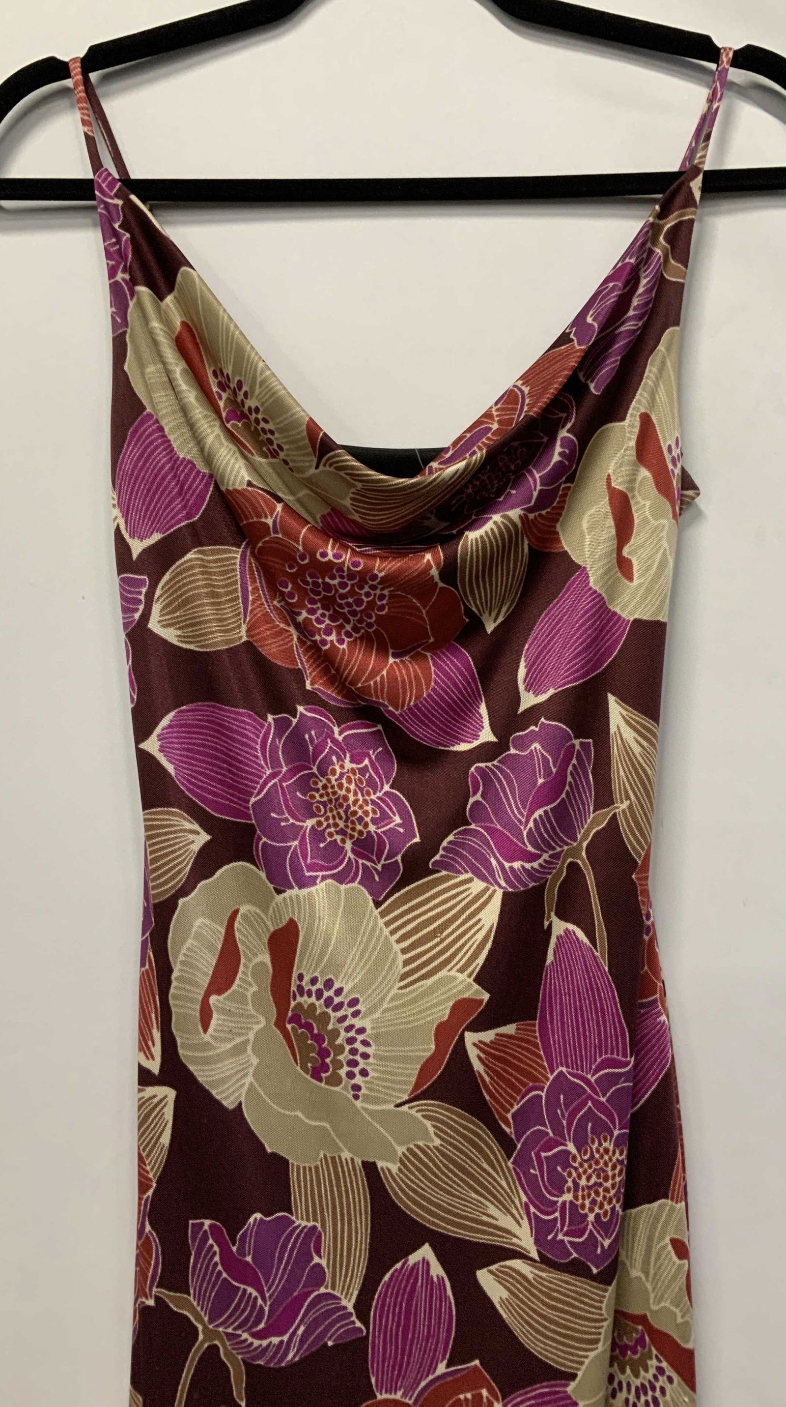 Guess Collection Form Fitting Cowl Neck Dress USA: Tropical flower slinky from fitting dress with spaghetti straps , cowl neck. Labeled Vintage size Med. Labeled Guess Collection. This dress has side slits. Made in USA from imported fabric. fully line