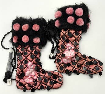 2 Vintage Pino & Black Poodle Hanging Stockings: Lot of 2 matching pink and black applique poodle stockings with a pink applique of a poodle on one side of the stockings. Approx 8 inches long and 6 inches wide. Comes with tassels for hanging.