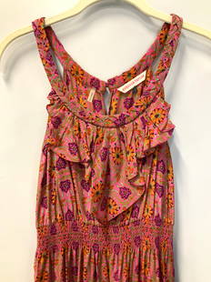 Rebecca Taylor Vintage Silk Summer Dress: Size 0 /2 Colorful Floral dress for summer, signed label Rebecca Taylor. Stretch waist , 22+ in. 37.5 in. L. Braided straps and ruffle lower skirt. Fuchsia with purple , orange, mint green florals . 1