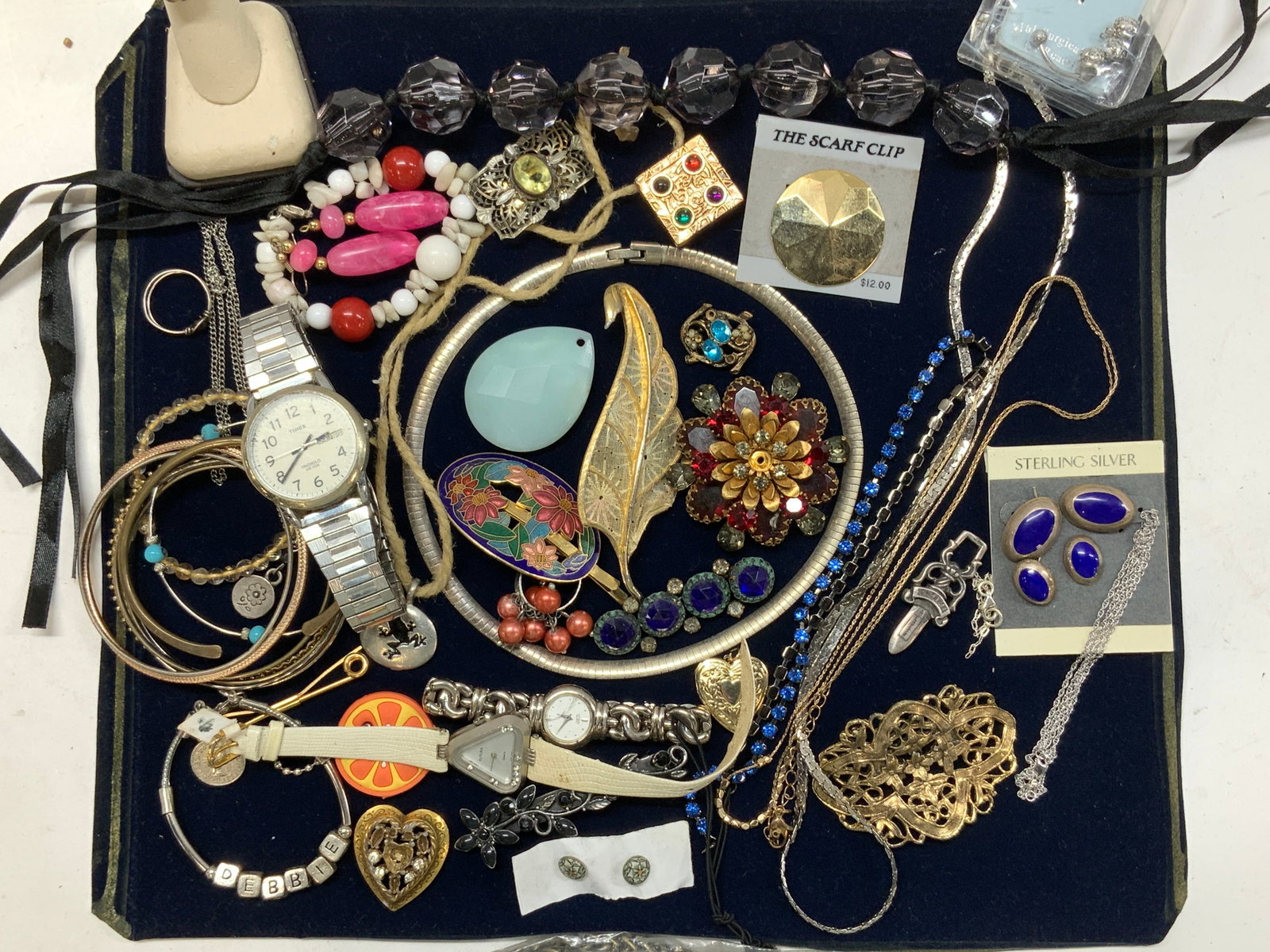 Jewelry & Access Lot, Sterling, Hattie Creations: Many pieces of wearable costume jewelry and sterling silver jewelry- sterling silver and lapis earrings ( broken posts, sterling silver chain necklace ( 7 in. drop), sterling silver broken chin with s