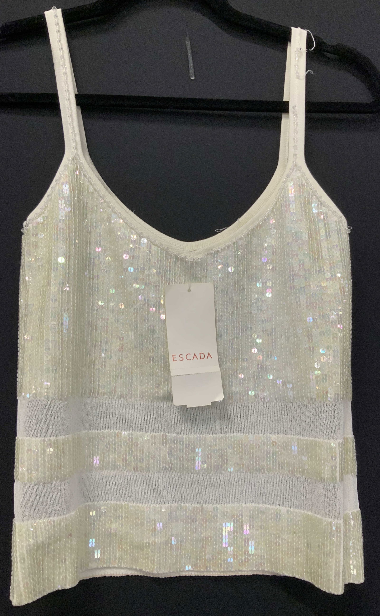 ESCADA NWT Sequin and Beaded Top Germany: ESCADA sequin and beaded knit top, cream color with clear iridescent rainbow sequins and Aurora Borealis clear beading. Original tag attached. New old Stock. Some loss of beading on straps and back he