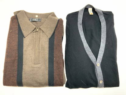 Raffi & C/89 Men Wool Sweaters, Italy: Lot of 2 pieces of clothing. 1 long sleeve collared shirt marked Raffi XL, with zipper on collar and material tag reads 55% Wool. 45% Acrylic. Sleeves measure 20 inches long, chest measures 24 inches