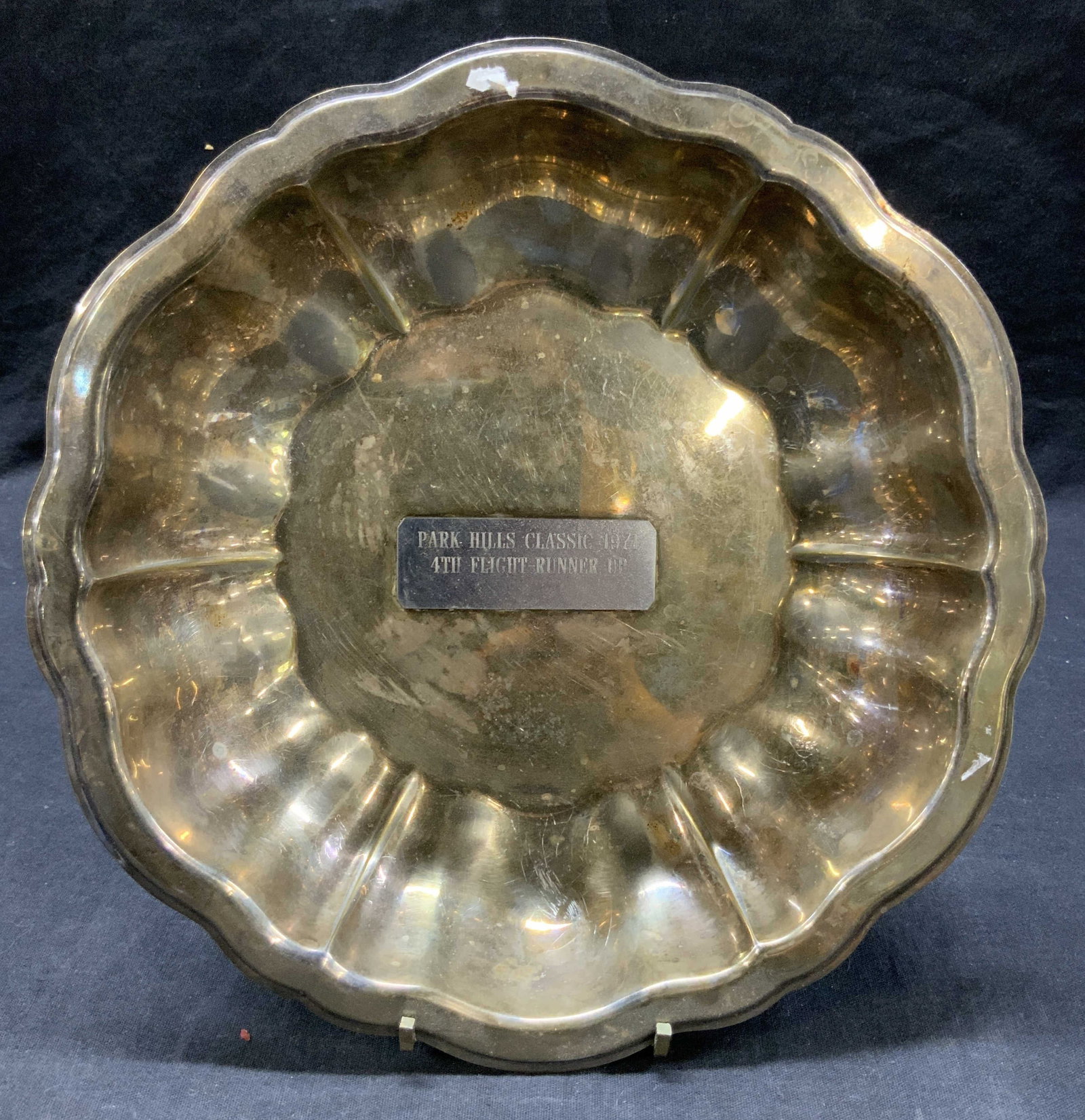 Vintage Silver Plate Bowl, 1971: Vintage silver plate bowl with rounded edges and center has plaque that reads Park hills classic 1971 4th flight runner up. Approximately 1.75 inches tall and 9.5 inch diameter. Evident discoloration 