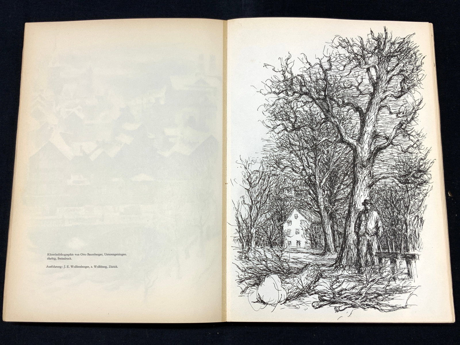 1944 Lithography In Switzerland Illustrated Book: German language paper back art book translated to Lithography In Switzerland, copyright 1944, published by The association of Swiss lithograph owners. Complete with over 200 illustrations in black and