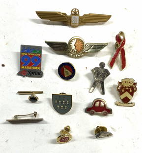 Lot 12 Vintage Assorted Pins Cuff Links: Lot includes 11 pins & 1 cuff link. Each piece is vintage. Includes 1 car shaped pin, 2 flight attendant pins, 1 black and gold toned cufflink and more. Largest pin measures approx 3.25 inches long. P