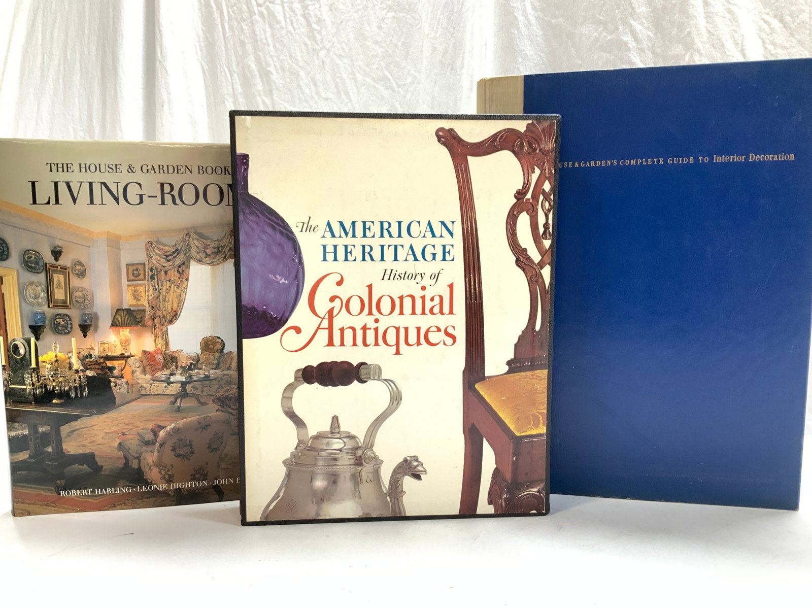 3 Interior Decorating & Antique Books, 1953 - 1991: THE AMERICAN HERITAGE HISTORY OF COLONIAL ANTIQUES , American Heritage Publishing with Simon & Schuster Inc. c. 1967. Variety of Colonial styles adapted from English eras- Queen Anne period antiques ,