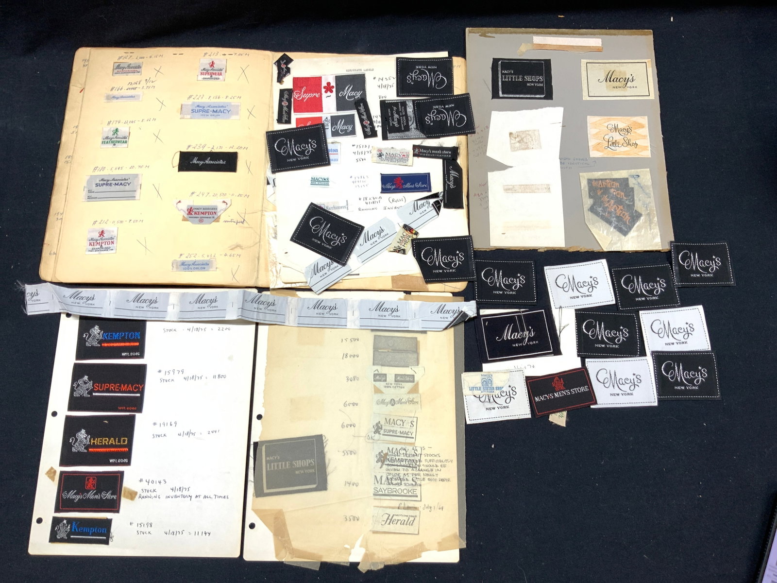 50+ Vntg & Antique Macys Clothing Labels 1940-70s: Lot of 50+ Vintage and antique Macys labels. Ranging from 1940-70s labels read from Macys Debutant Shop, Macys Associate Kempton, Junior Deb. kempton, Supremacy, Herald, Macys Mens Store & The Action 