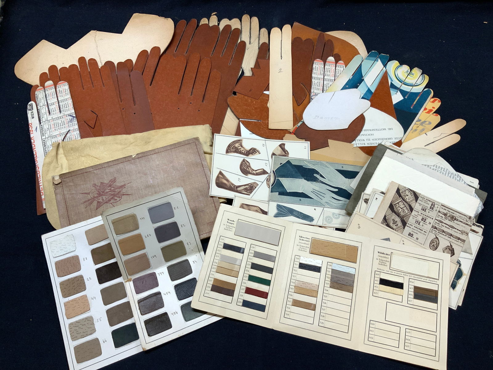 50+ Antique Glove Making Patterns, 1933-35: Lot of 50+ Glove crafting patterns with 3 fabric swatch papers, 1 booklet marked 1933 with graphic patterns of gloves. 1 panel of yellow toned suede, at 21.5 x 18 inches approx 11 glove pattern cut ou