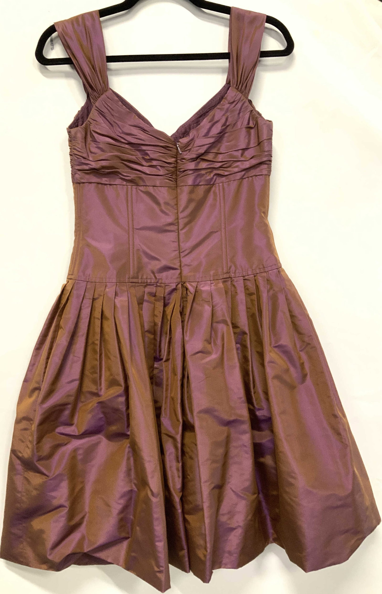 Teri Jon Silk Evening Cocktail Dress , Sz 4: Teri Jon Rickie Freeman Iridescent plum silk taffeta dress, pleated skirt, ruffled sleeves and upper body with fitted flexible corset. Size 4.,skirt flares wide. Interior silk lining.Like new. 37 in. 