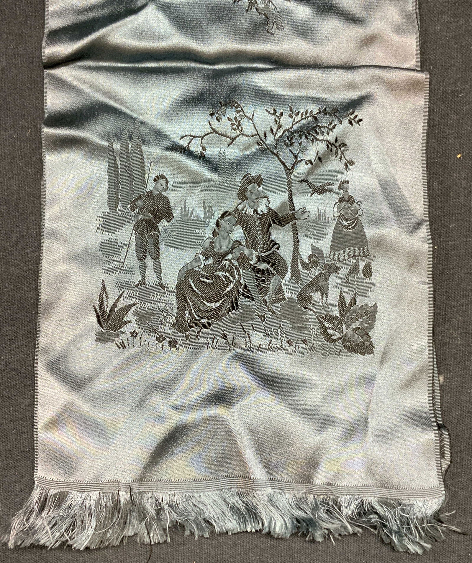 Vtg Blue Silk Embroidered Figural Scarf, France (1 of 6)