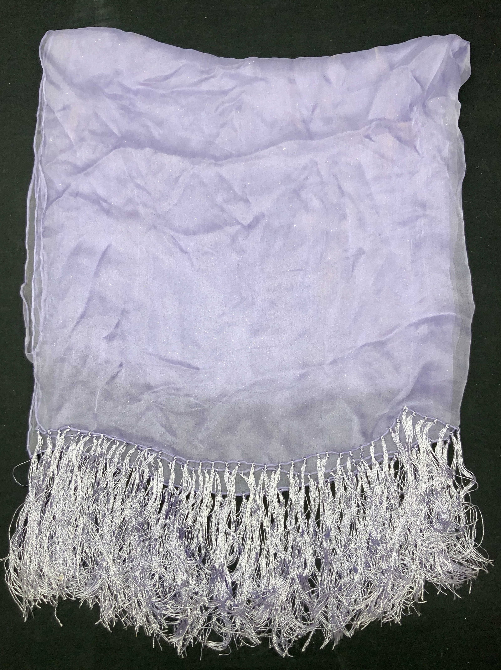 Sheer Purple Toned Fringe Scarf/ Shawl: Sheer periwinkle toned scarf/ shawl with glitter with the fabric and tassel fringe. Approx 32 x 18 inches Evident discoloration to areas of scarf. Fashion scarf, scarf, ladies scarf ladies fashion acc