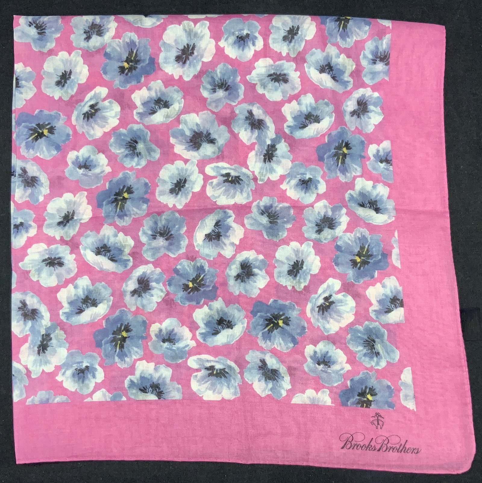 Brooks Brothers 100% Cotton Pansy Scarf, Italy: Marked on corner brooks brothers, tag reads 100% Cotton. Pink tones with blue pansy flowers in center. Approx 26 x 25.5 inches Minor wearing to scarf. Brooks brothers scarf, cotton scarf, scarf, ladie