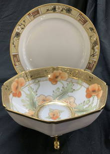 NIPPON Hand Painted Footed Bowl & Plate: Undersides of each piece are marked NIPPON HAND PAINTED. Lot includes 1 bowl with 3 gilt feet, floral and leaf detail. Plate has floral, leaf & geometric detail around rim. Plate measures approximatel