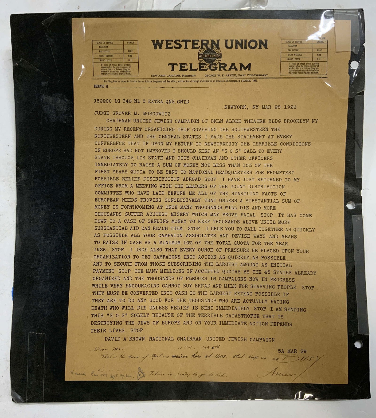WESTERN UNION Vintage TELEGRAM 1926 Plea for Funds (1 of 6)