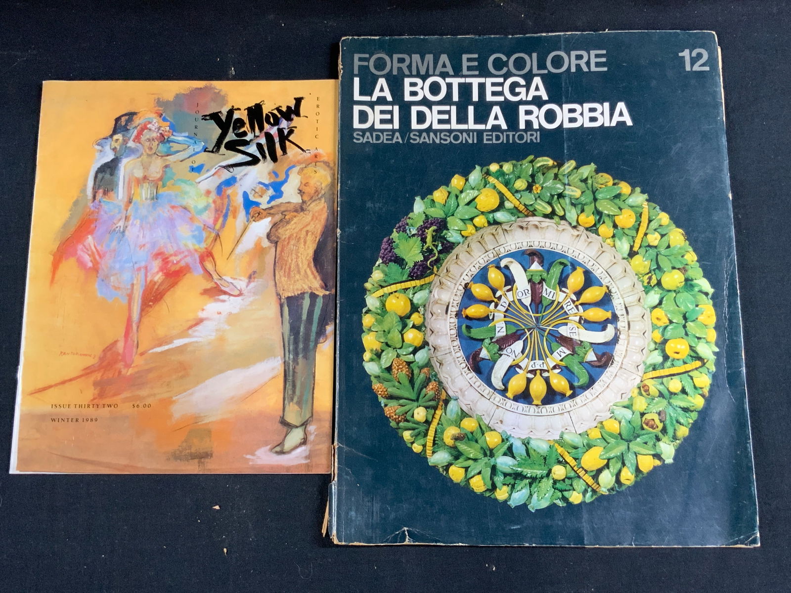 Illustrated Art Magazines, Milan 1965 & USA 1989: Lot of 2 vintage art magazines. 1 reads Forma.e colore La BOTTEGA dei Della Robbia, copyright 1965. Depicts 18 full color lithographs. Approx 14 x 10.5 inches and other reads Yellow Silk, issue thirty
