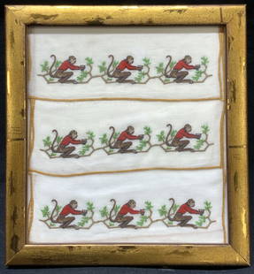 Framed Embroidery Serving Monkey Art: Framed embroidery panel depicting a monkey in a red suit jacket holding a martini glass in his hands, Framed in gold metal leafed wooden frame approximately 6.75 x 6.25 inches, window measures 5.5 x 5