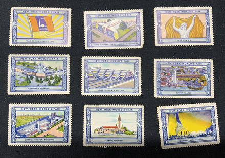 Large Group Worlds Fair 1939 Souvenir Stamps: Large group 50+ New York Worlds Fair 1939 collectible souvenir stamps. Measure approx. 2 x 1.5 inches each. Some surface wear to all pieces consistent with exposure. Worlds fair, New York worlds fair,